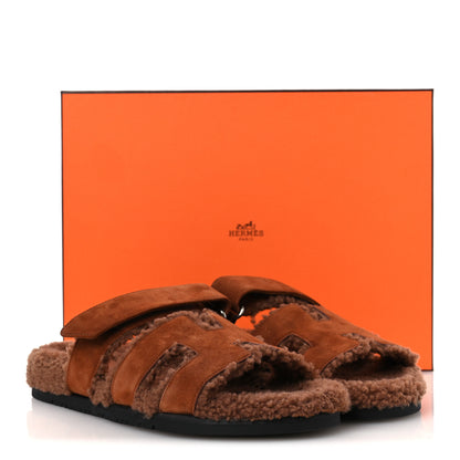 Hermes Suede Goatskin Shearling Womens Chypre Sandals 40 Gold 10 of 10