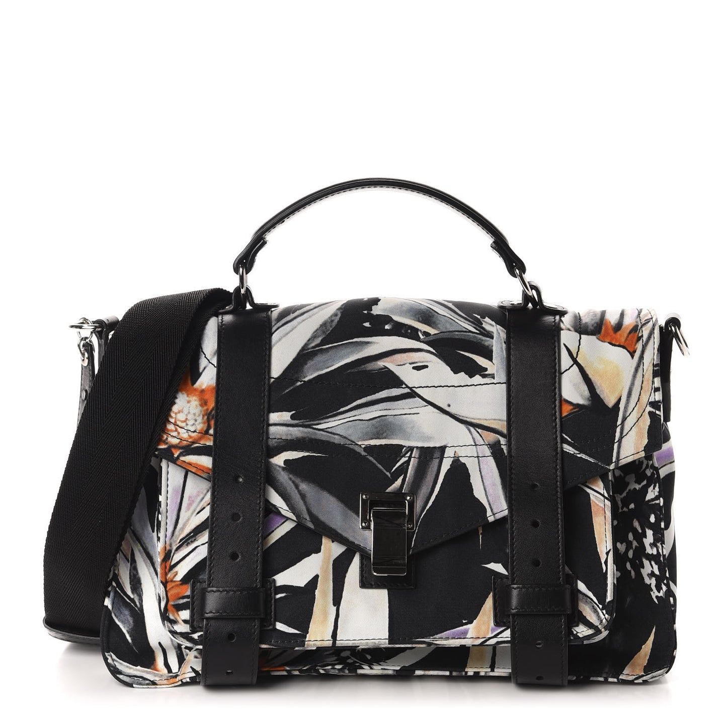 Nylon Floral Printed Medium PS1 Satchel Black White