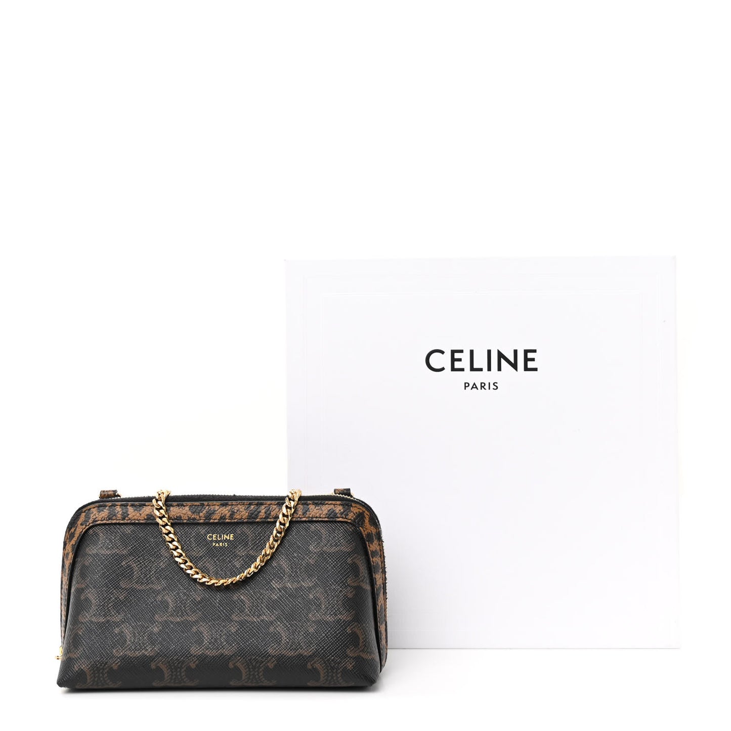 Triomphe Canvas Calfskin Leopard Print Mini Clutch on Chain Black Tan