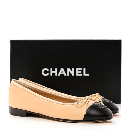 Chanel Lambskin Cap Toe CC Ballerina Flats 36.5 Beige Black 9 of 9
