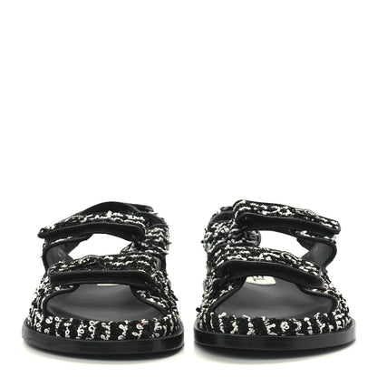 Chanel Tweed Lambskin Dad Sandals 38.5 Black White 2 of 9