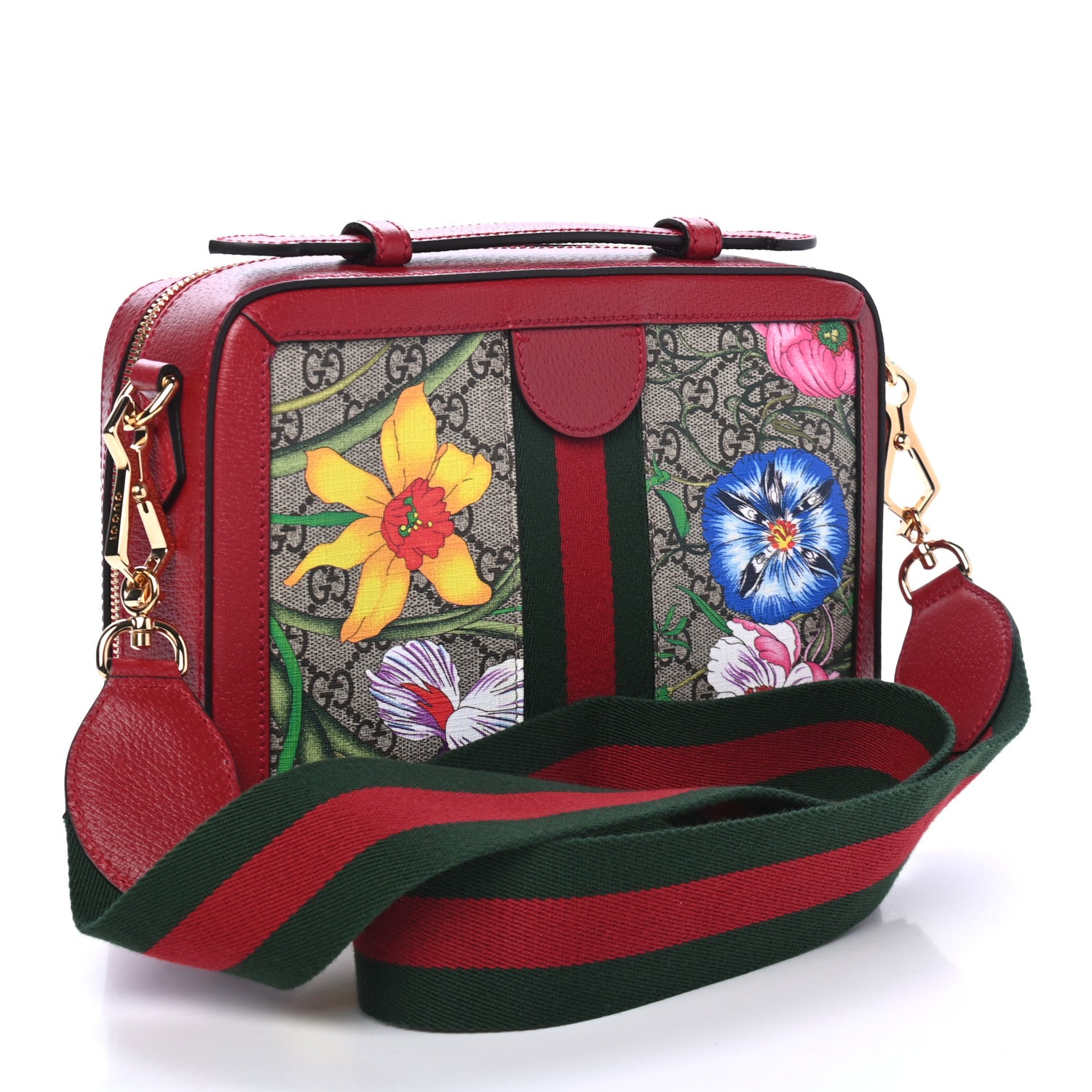 Gucci GG Supreme Monogram Flora Web Small Ophidia Top Handle Shoulder Bag Hibiscus Red 2 of 4