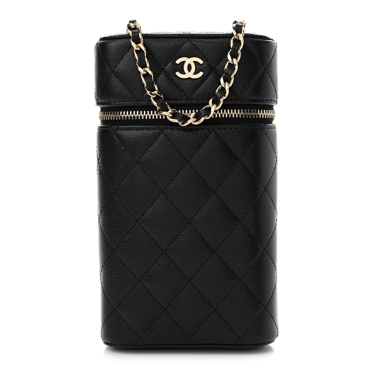 Caviar Quilted Phone Holder With Chain Black