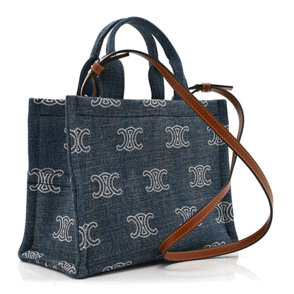 Celine Denim Calfskin Triomphe Print Cabas Blue Tan 3 of 11