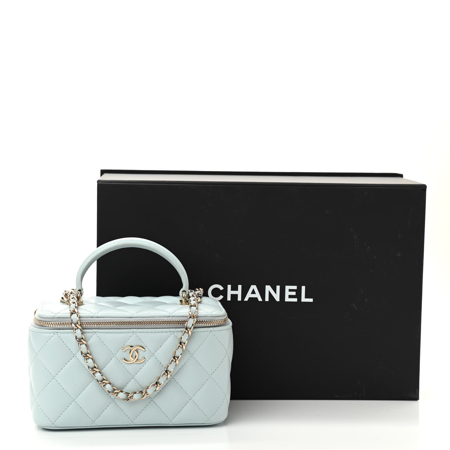 Chanel Lambskin Quilted Small Top Handle Vanity Case With Chain Light Blue 13 of 13