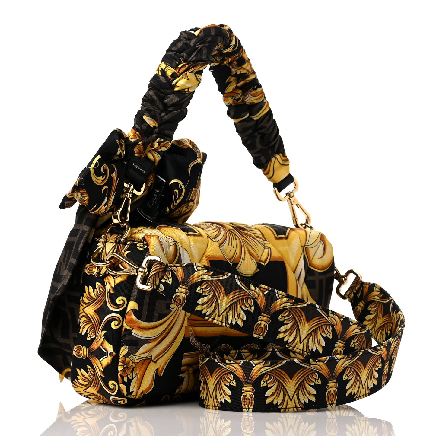 X VERSACE Silk Fendace FF Baroque Quilted Scarf Baguette Black Gold