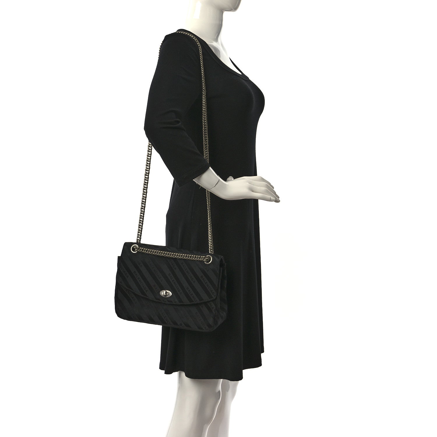 Balenciaga Nylon Jacquard Diagonal Logo Medium Scarf Lock Chain Shoulder Bag Black Red 2 of 14