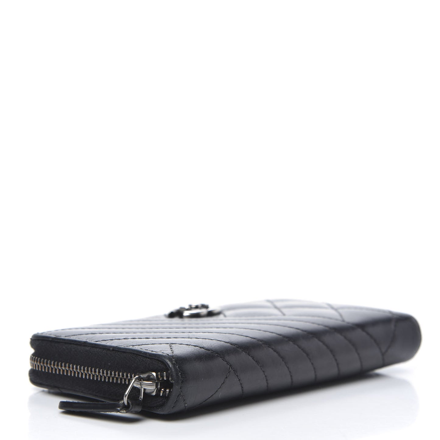 Glazed Calfskin Quilted Small Coco Boy Zip Around Wallet Black