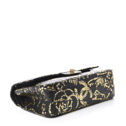 Chanel Calfskin Crocodile Embossed Graffiti 2.55 Cocodile Reissue 225 Flap Black Gold 4 of 12