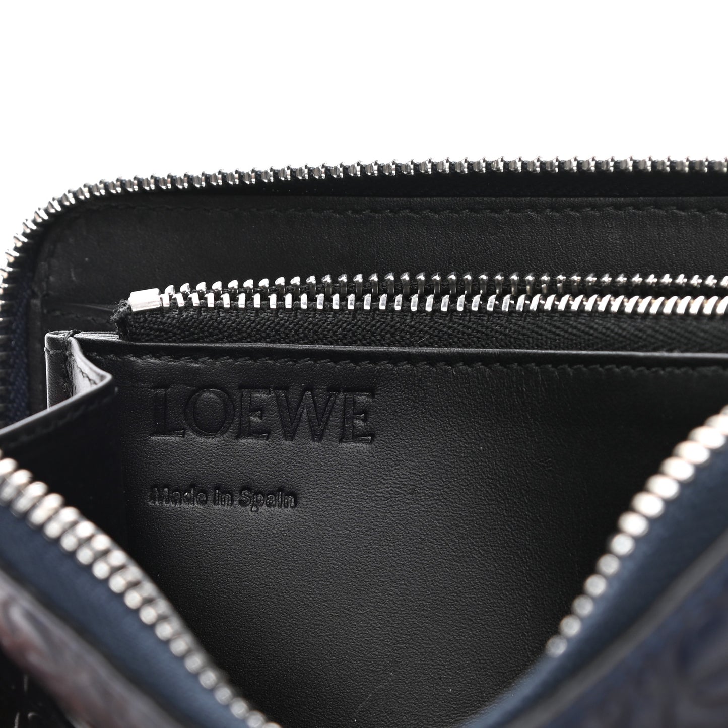 Calfskin Embossed Repeat Medium Zip Wallet Navy