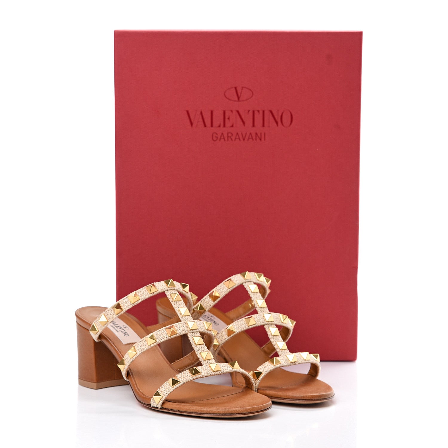 Valentino Garavani Raffia Calfskin Rockstud 60mm Caged Slide Sandals 35.5 Naturale 9 of 9