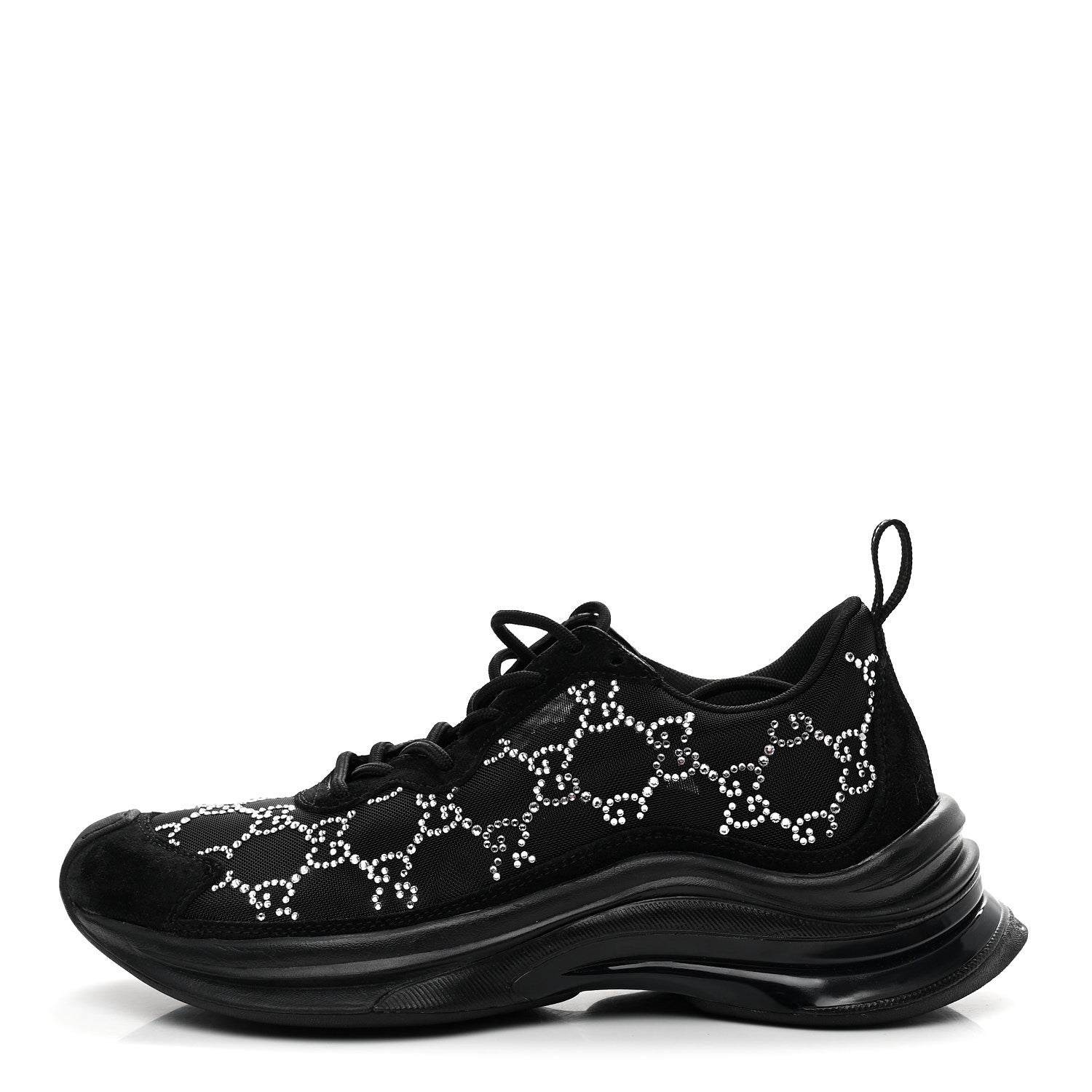 Gucci Tela Retino Mesh Crystal Suede GG Monogram Womens Gucci Run Sneakers 37.5 Black Silver 1 of 10