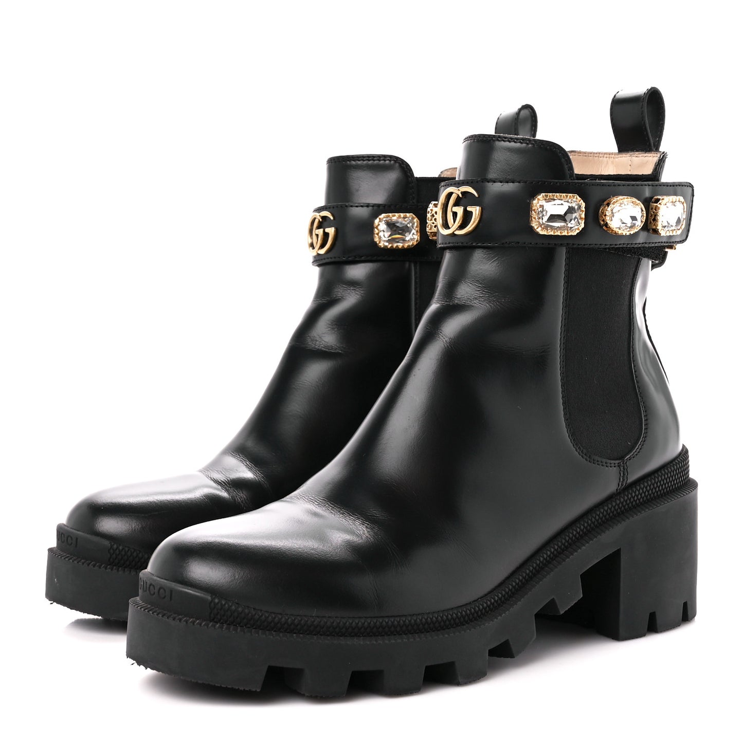 Calfskin Crystal GG Trip Chelsea Ankle Boots 38 Black