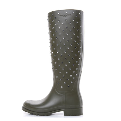 Saint Laurent Rubber Studded Festival Rain Boots 37 New Kaki Fonce 1 of 9