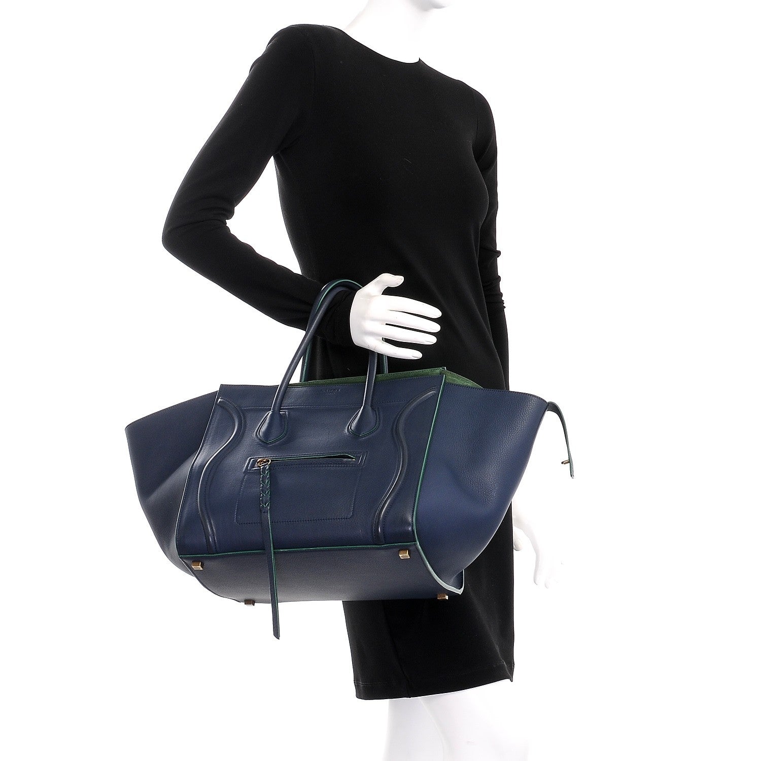 Celine Supple Calfskin Medium Phantom Luggage Navy Blue Green Trim 2 of 11
