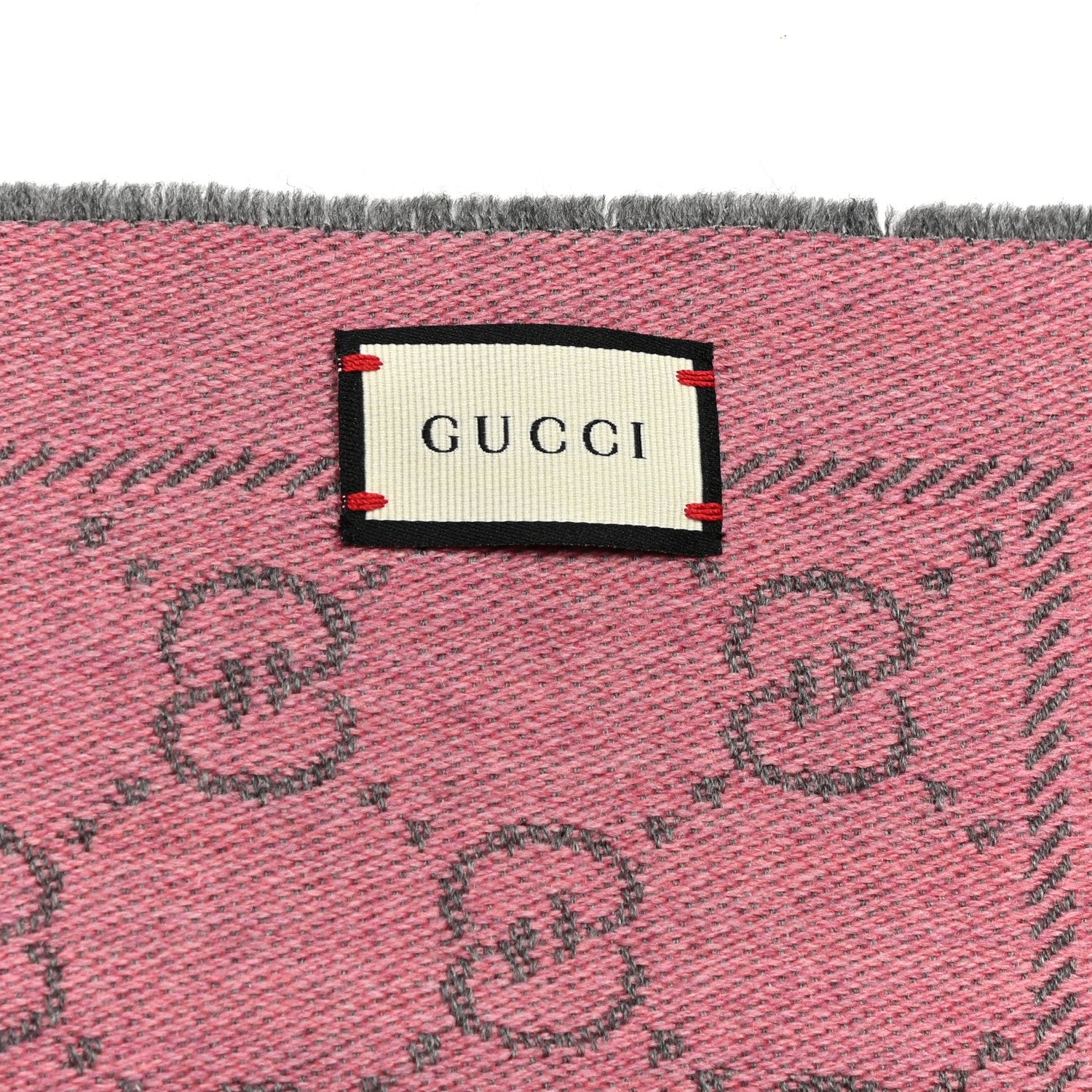 Gucci Wool Jacquard GG Monogram Sten Fringe Scarf Graphite Pink 9 of 10