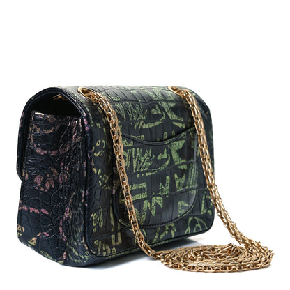 Chanel Calfskin Crocodile Embossed Graffiti 2.55 Mini Cocodile Reissue Flap Black Pink 2 of 15
