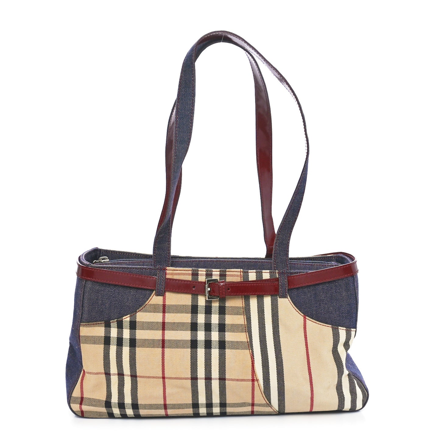 Denim Vintage Check Top Handle Patch Tote Red