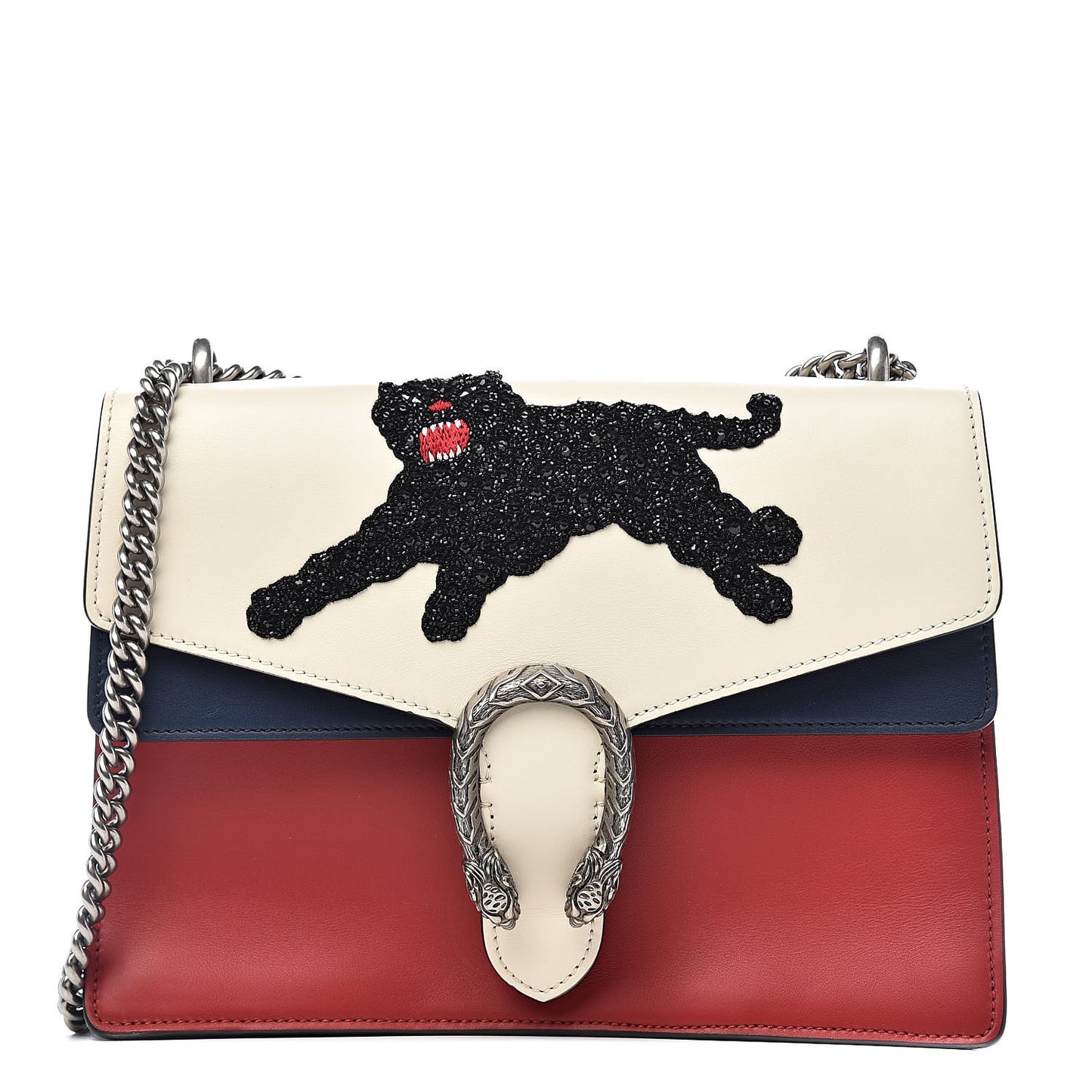 Calfskin Panther Embroidered Medium Dionysus Shoulder Bag White Blue Hibiscus Red