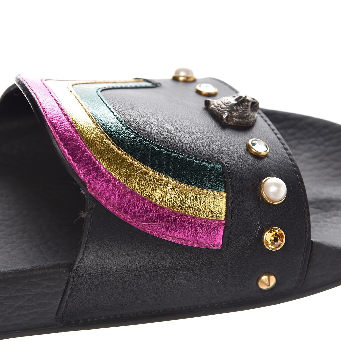 Calfskin Rainbow Heart Pursuit Slide Sandals 39 Black
