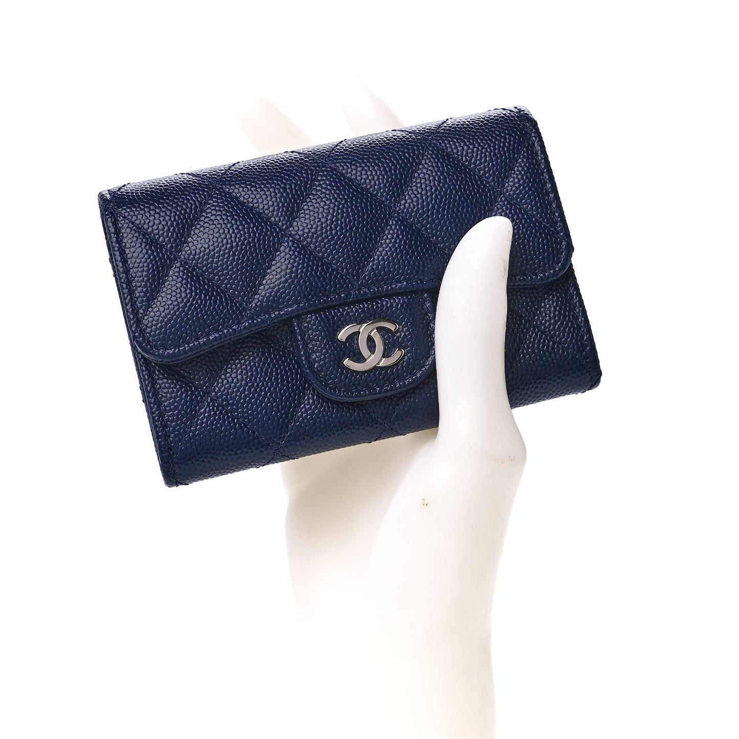 Caviar Quilted Flap Card Holder Navy Blue