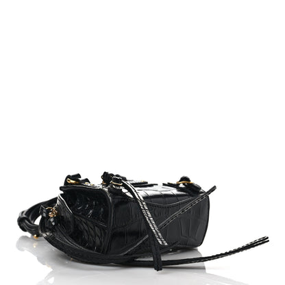 Balenciaga Shiny Supple Calfskin Crocodile Embossed Neo Classic Gold Hardware Super Nano City Crossbody Black 4 of 10