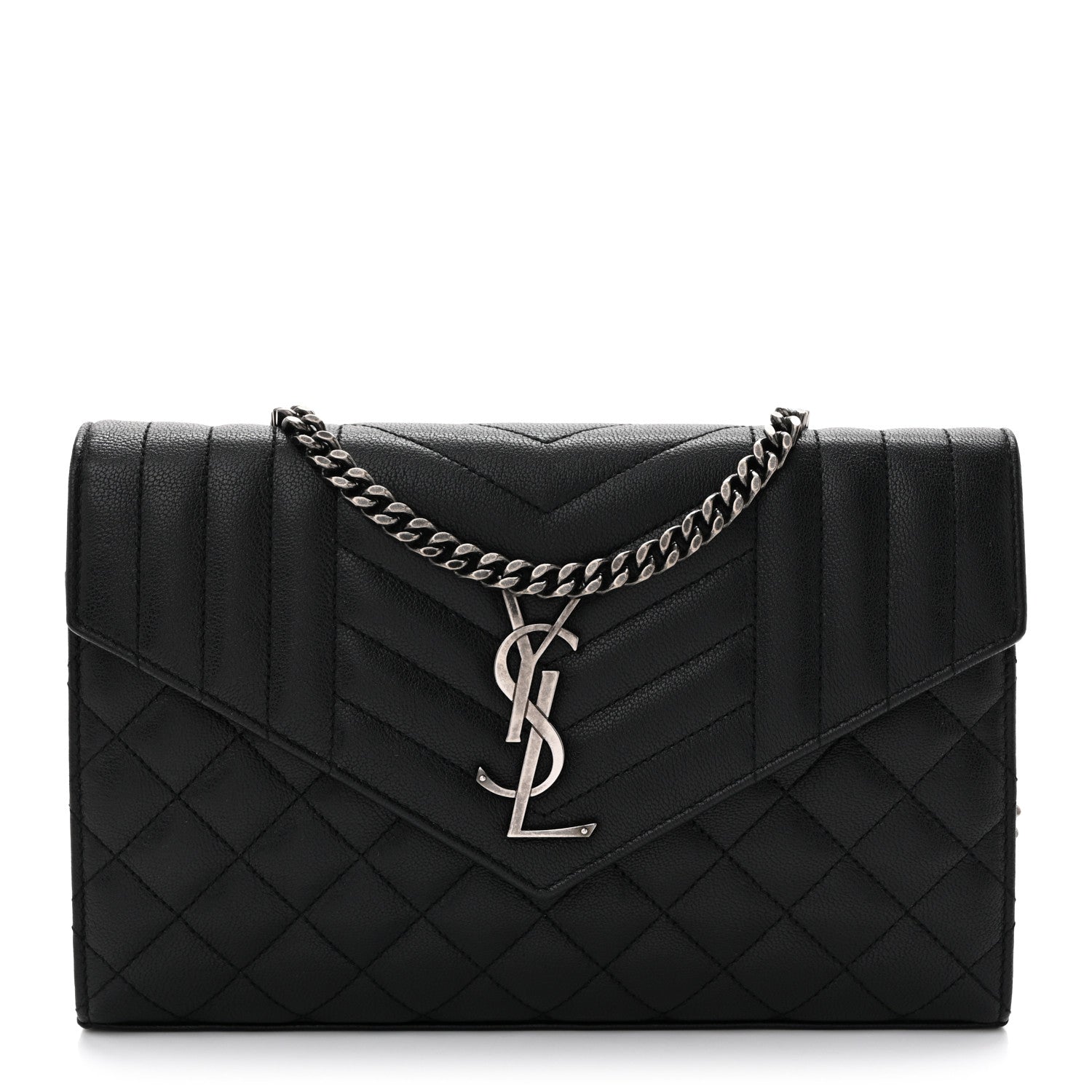 Saint Laurent Sheepskin Tri-Quilt Monogram Envelope Chain Wallet Black 1 of 13