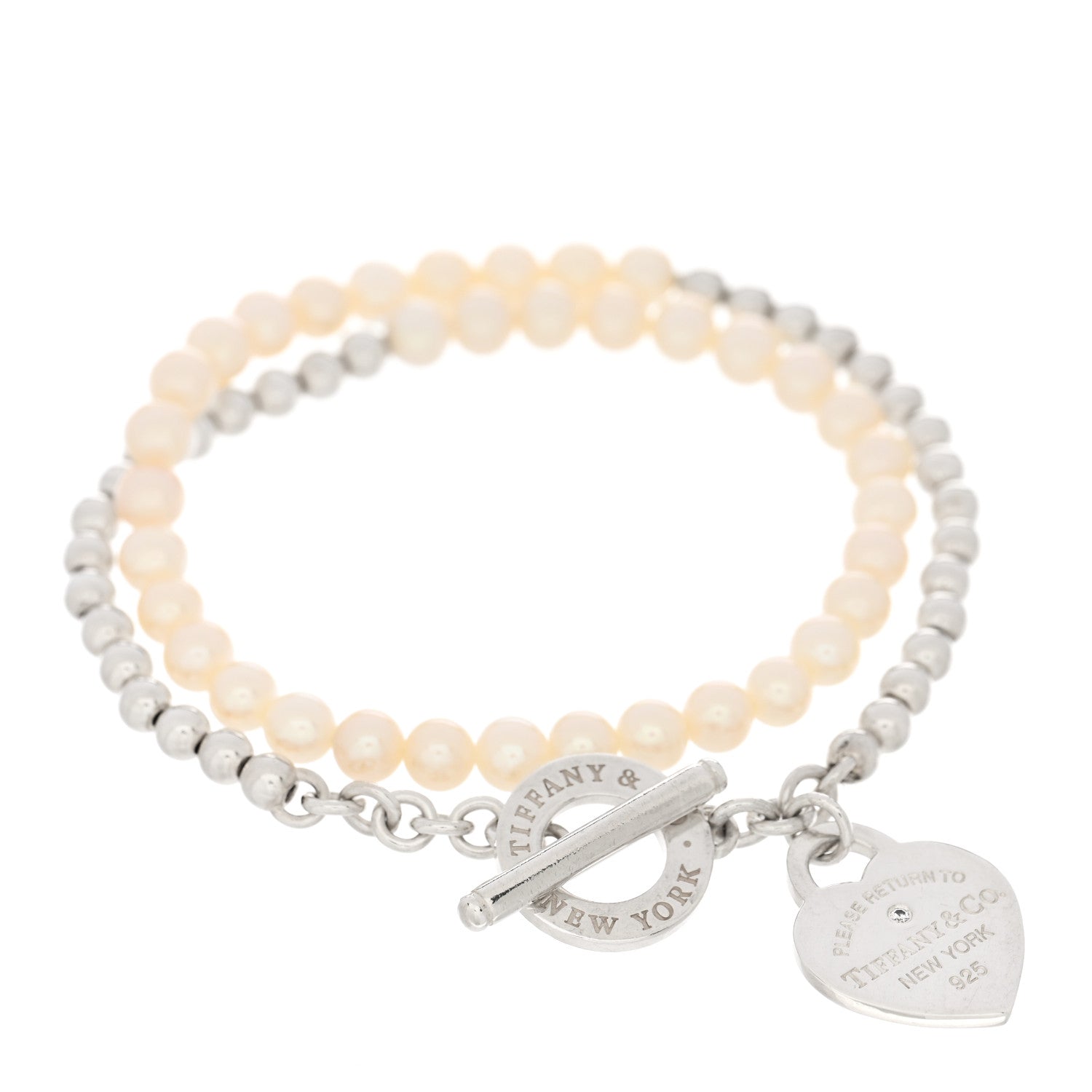 Tiffany Sterling Silver Pearl Diamond Return to Tiffany Wrap Bead Bracelet 1 of 4