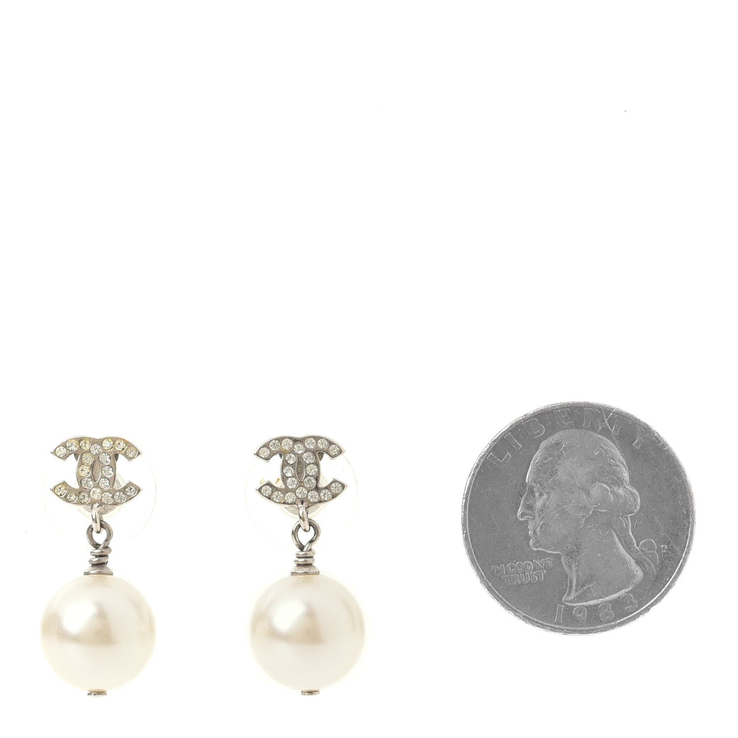 Chanel Crystal Pearl CC Drop Earrings Silver 2 of 3