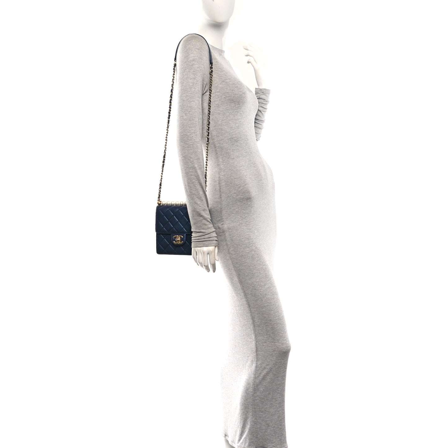 Iridescent Lambskin Quilted Chic Pearls Flap Navy Blue