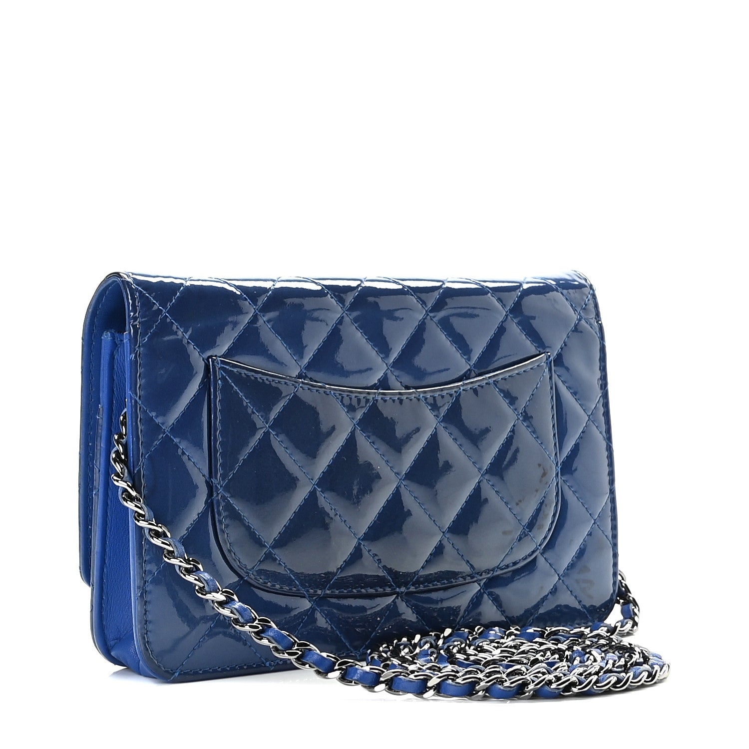 Chanel Patent Quilted Wallet On Chain WOC Blue 2 of 10