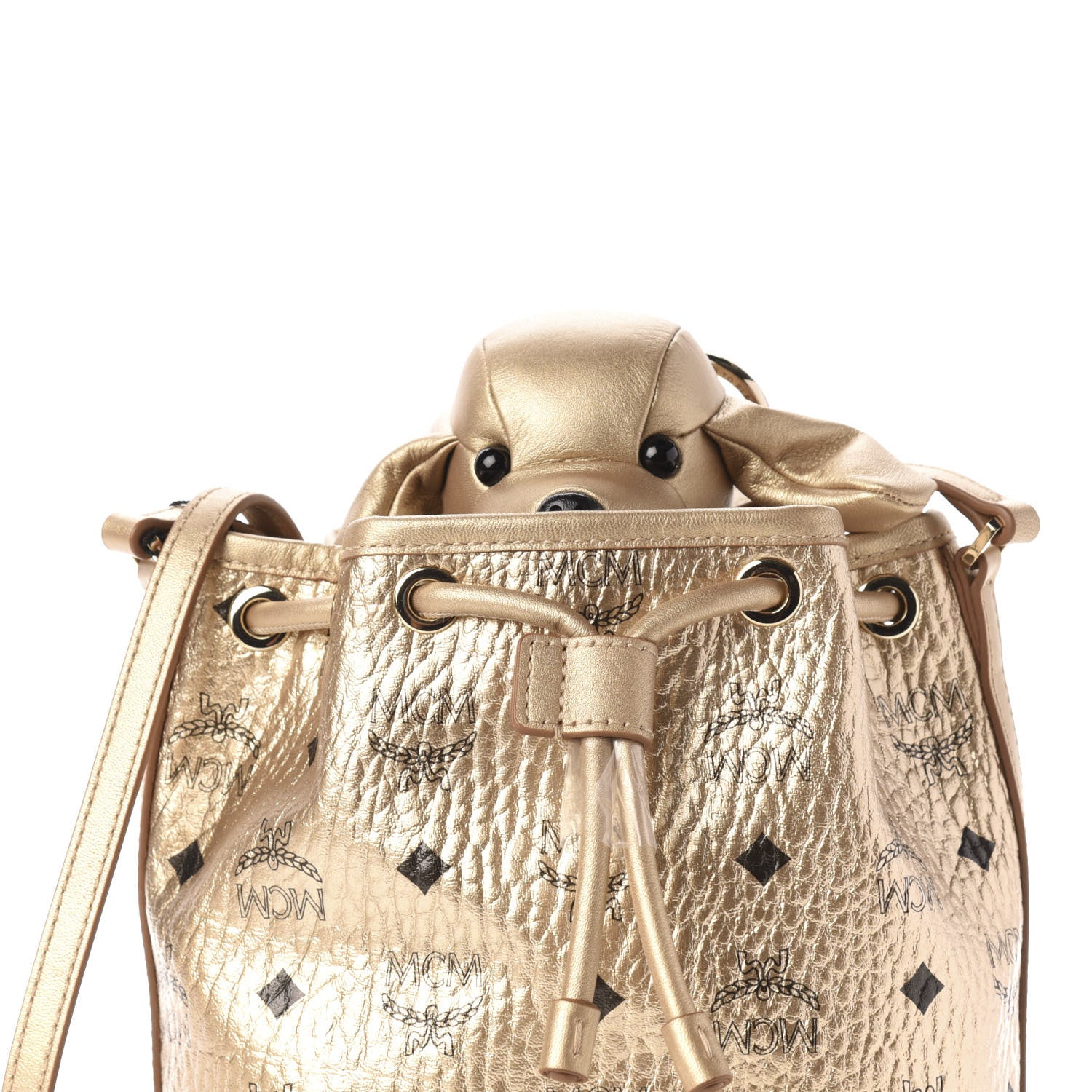 MCM Metallic Visetos Zoo Dog Drawstring Bucket Bag Gold 12 of 12