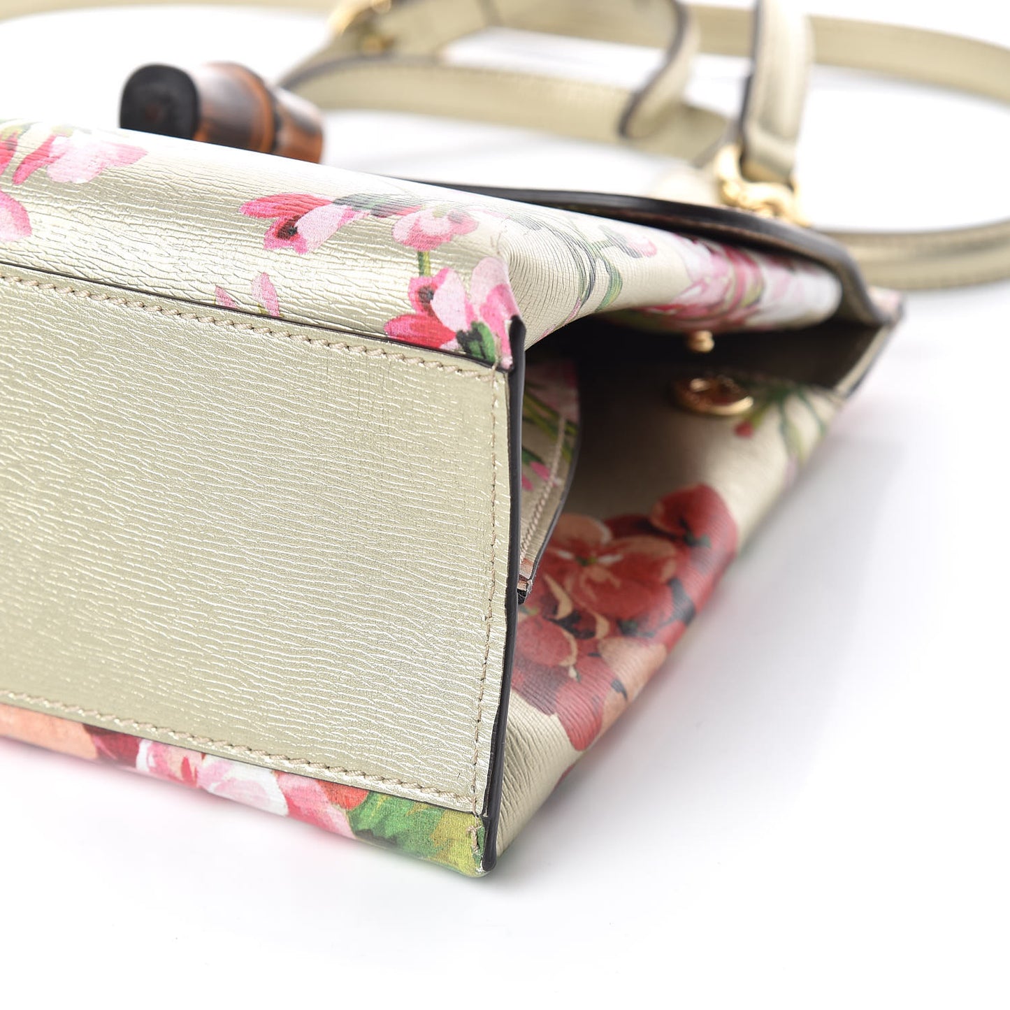 Metallic Shangai Calfskin Blooms Print Small Bamboo Daily Top Handle Bag Gold Multicolor