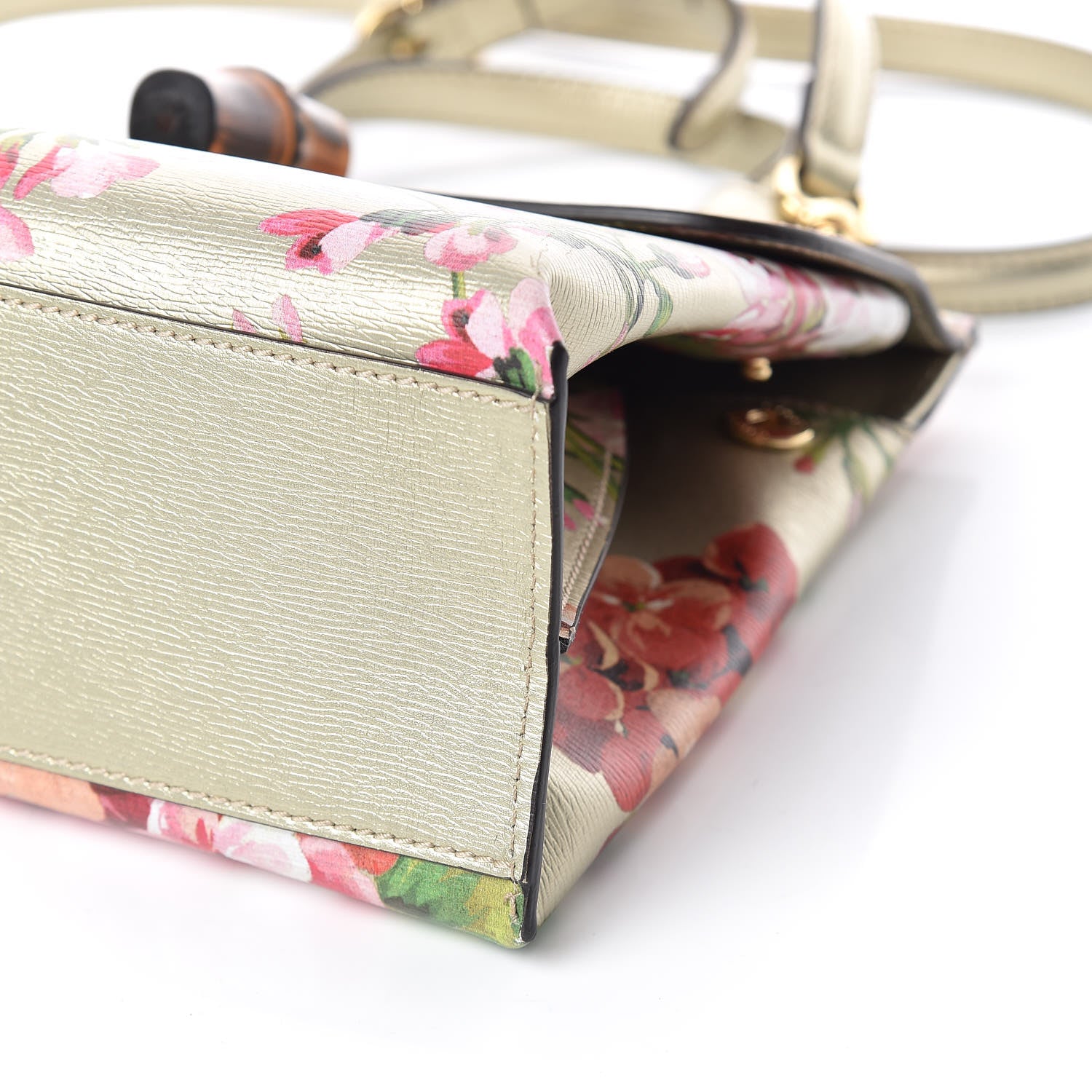 Gucci Metallic Shangai Calfskin Blooms Print Small Bamboo Daily Top Handle Bag Gold Multicolor 7 of 9