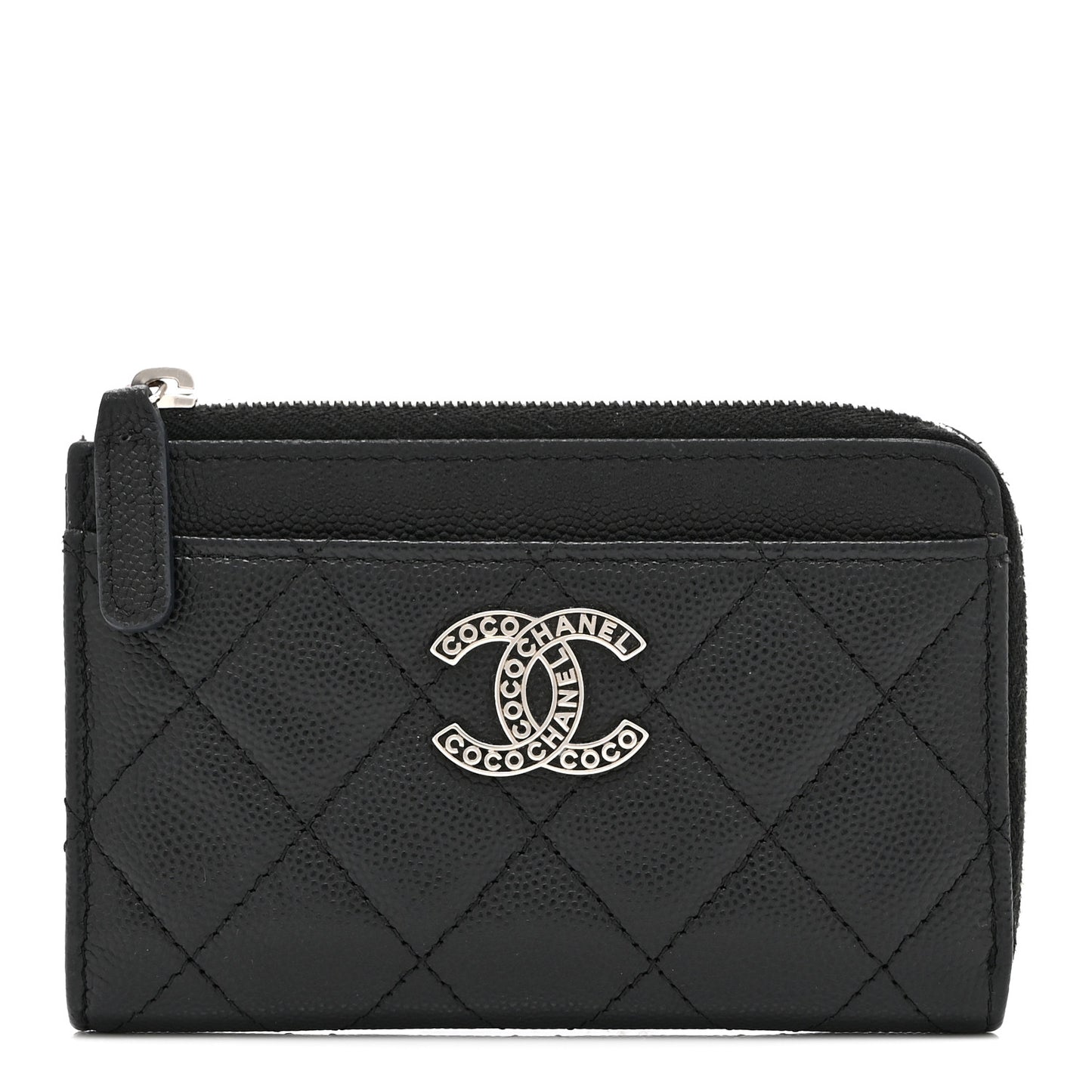 Caviar Quilted CC Logo Zip Around Card Holder Black