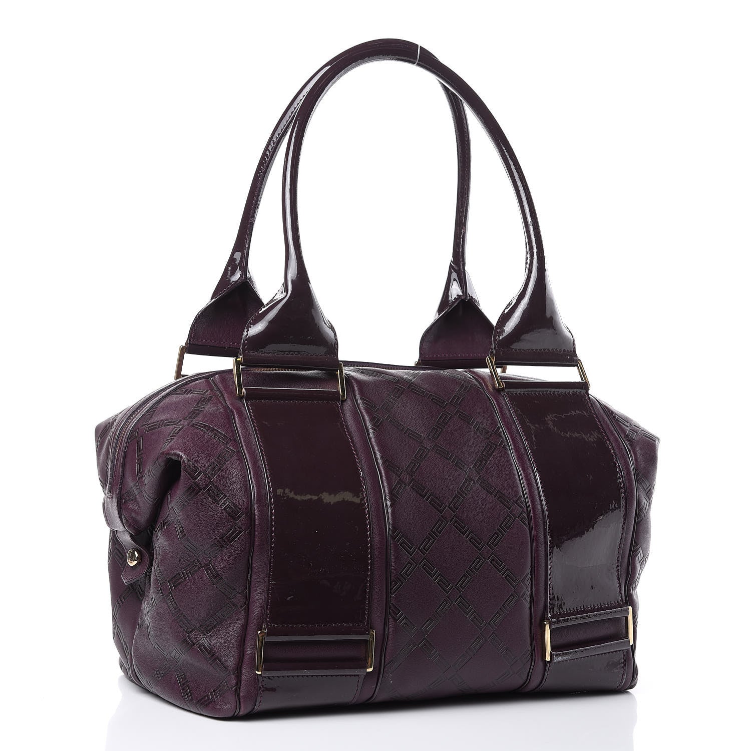 Versace Calfskin Greca Argyle Embossed Patent Medusa Bowler Satchel Purple 3 of 12