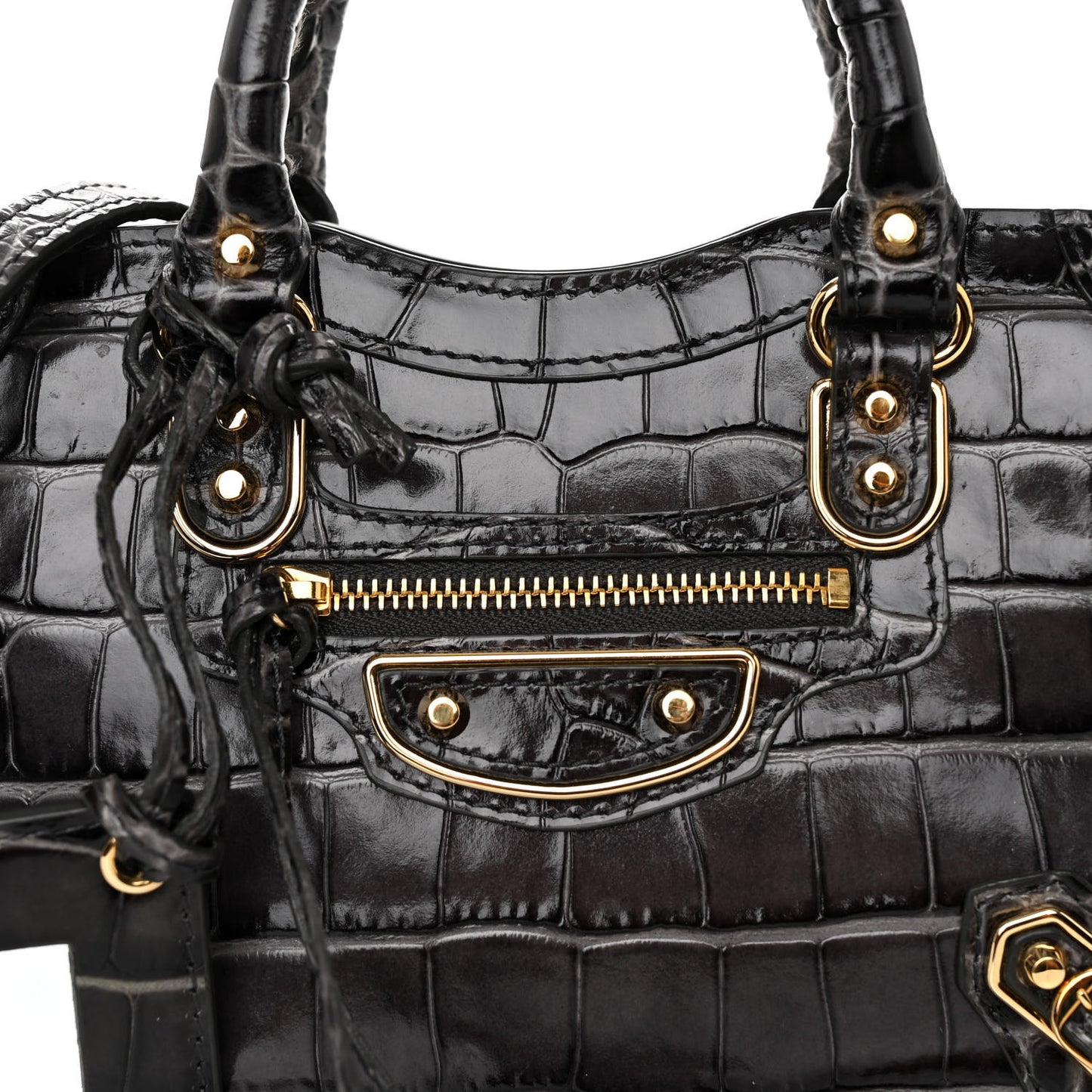 Calfskin Crocodile Embossed Gold Metallic Edge Hardware Nano City Dark Grey
