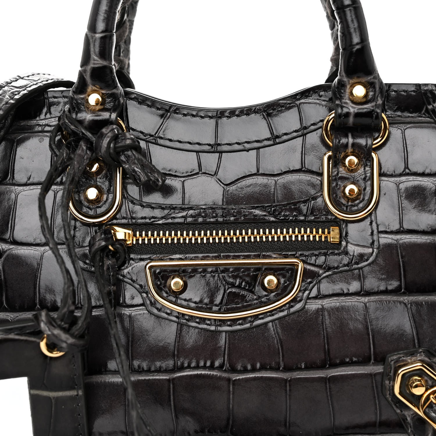 Balenciaga Calfskin Crocodile Embossed Gold Metallic Edge Hardware Nano City Dark Grey 7 of 9