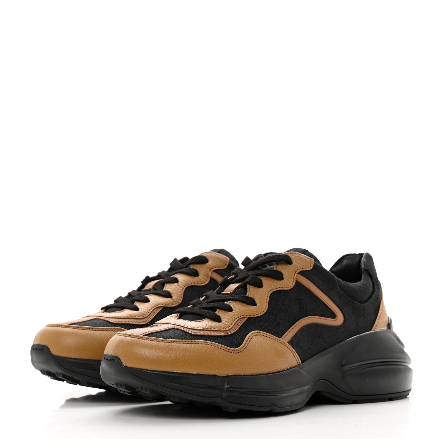 Gucci Monogram Textured Dollar Calfskin Mens Rhyton Sneakers 8 Black Khaki Beige 3 of 10