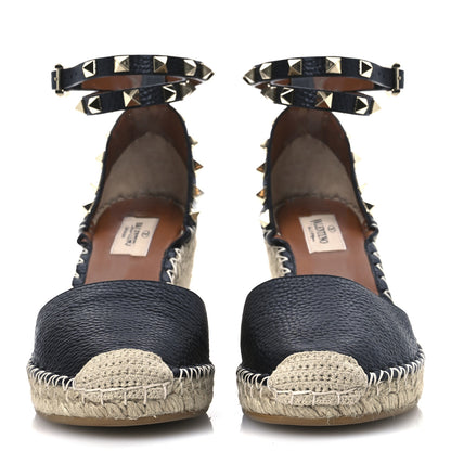 Valentino Garavani Grained Calfskin Rockstud Ankle Wrap Espadrille 15/85mm Wedges 38 Black Light Cuir 3 of 10
