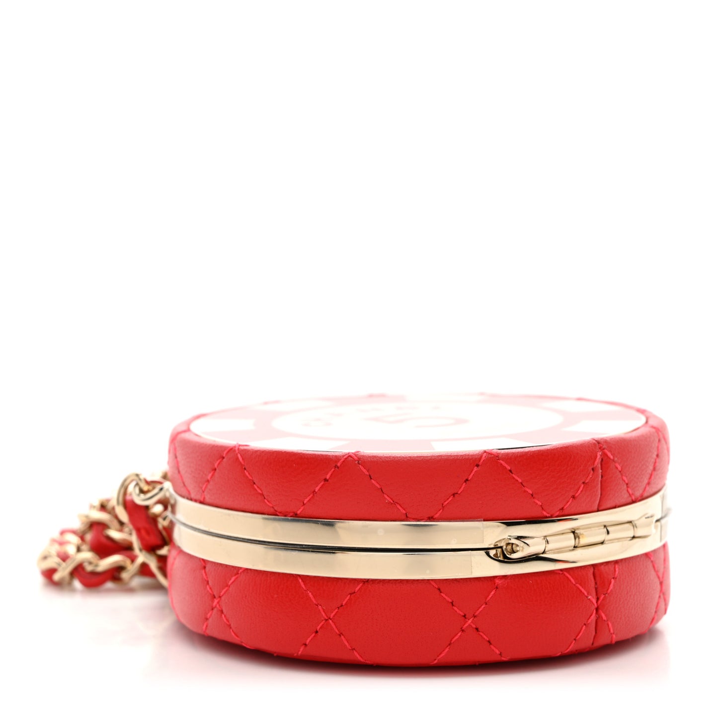 Lambskin Enamel Quilted Round Poker Chip Clutch With Chain Red White