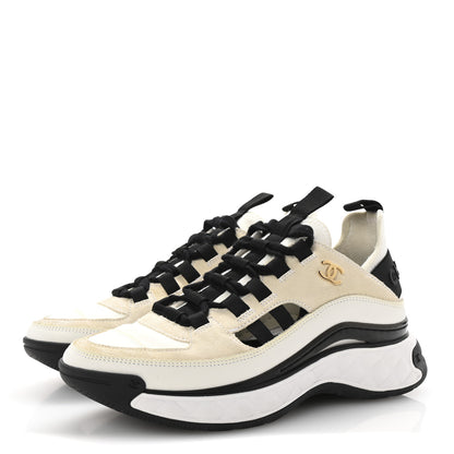 Chanel Fabric Calfskin Suede CC Sneakers 36 Ivory Black 4 of 9