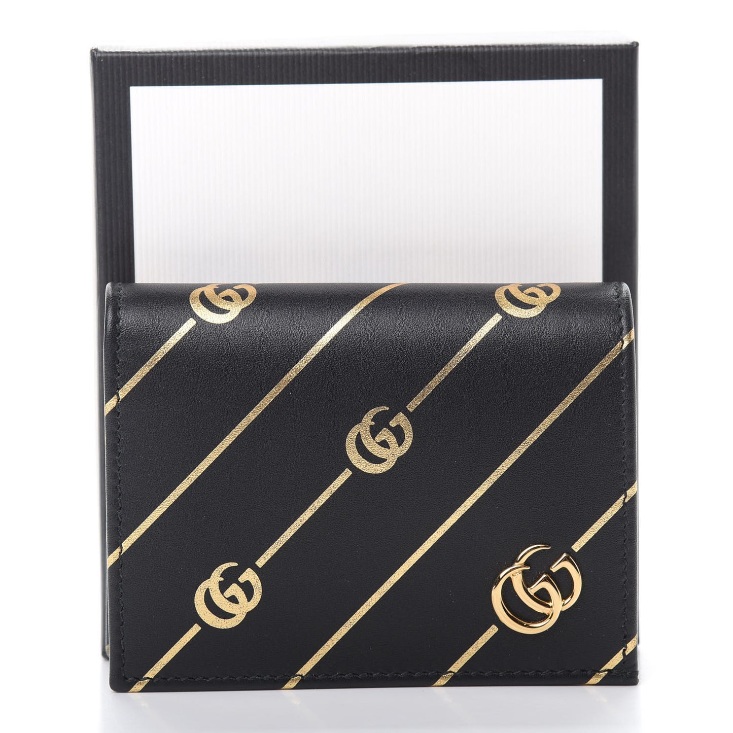 Calfskin Diagonal GG Card Case Black Gold