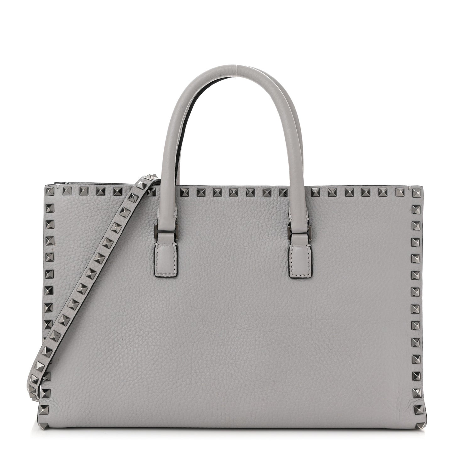 Grained Calfskin Medium Rockstud Double Handle Horizontal Tote Pastel Grey