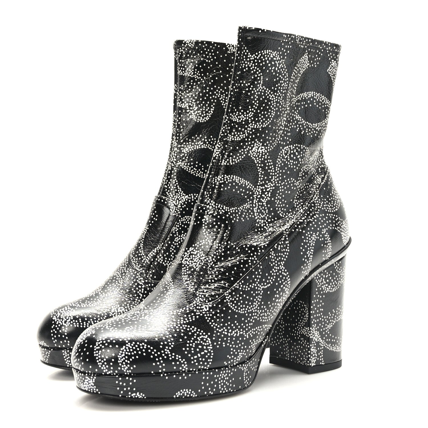 Chanel Calfskin Camellia Printed Ankle Boots 36.5 Black White 3 of 8