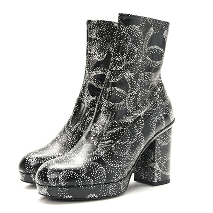 Chanel Calfskin Camellia Printed Ankle Boots 36.5 Black White 3 of 8