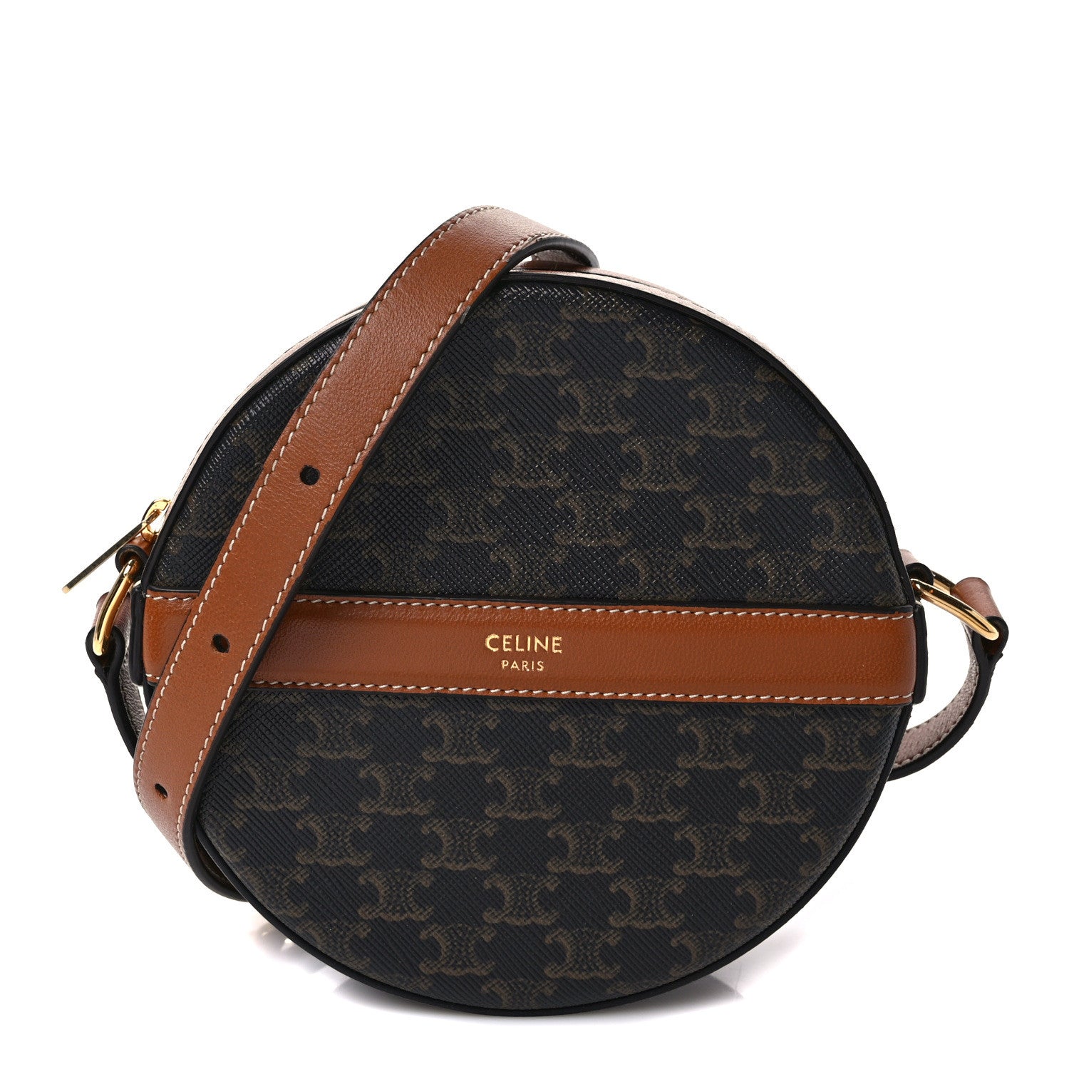 Celine Lambskin Triomphe Canvas Round Purse On Strap Black Tan 1 of 10