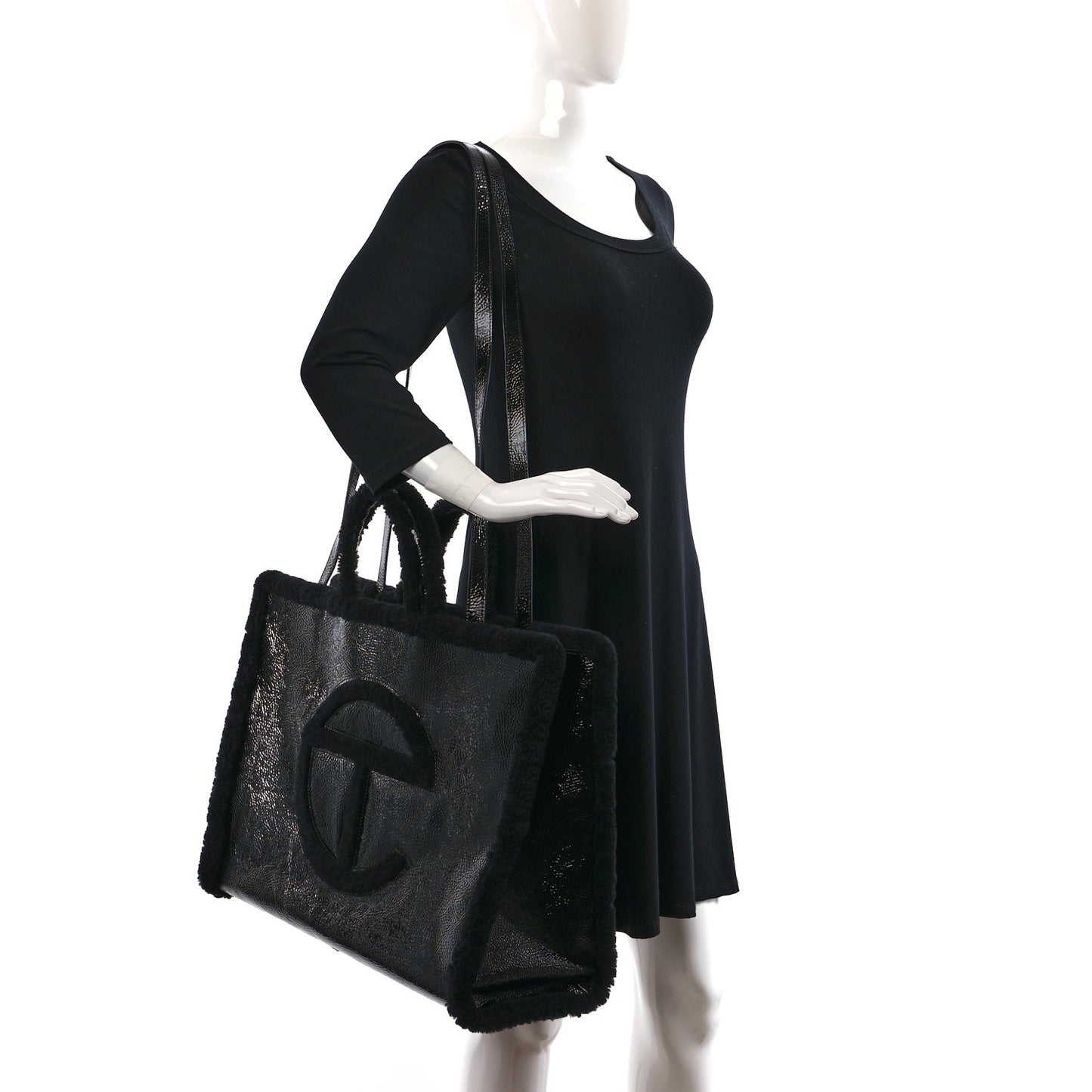 X UGG Crinkle Patent Shearling Large Shopping Bag Black