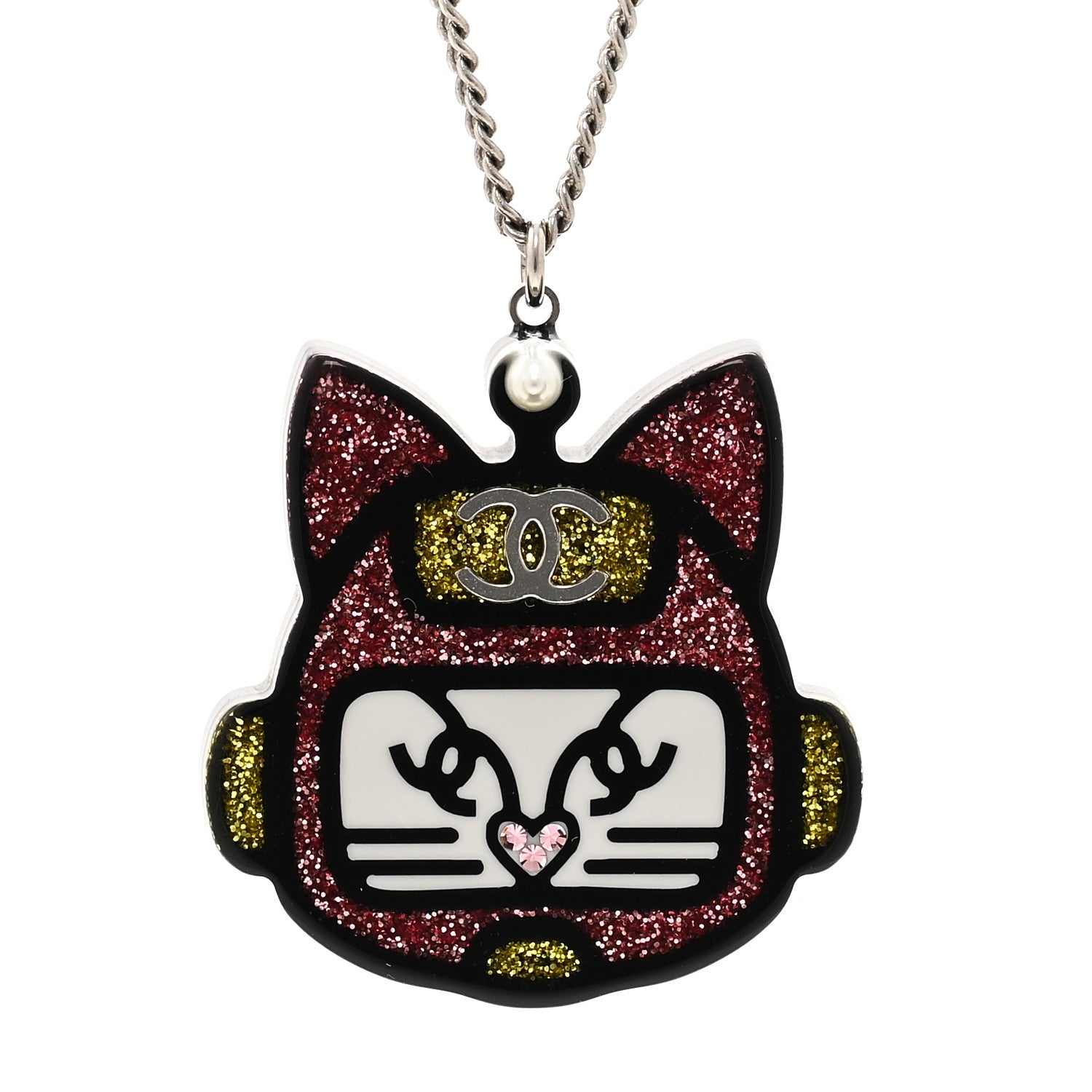 Chanel Resin Emoji Robot Cat Pendant Necklace Black Pink Yellow 4 of 5