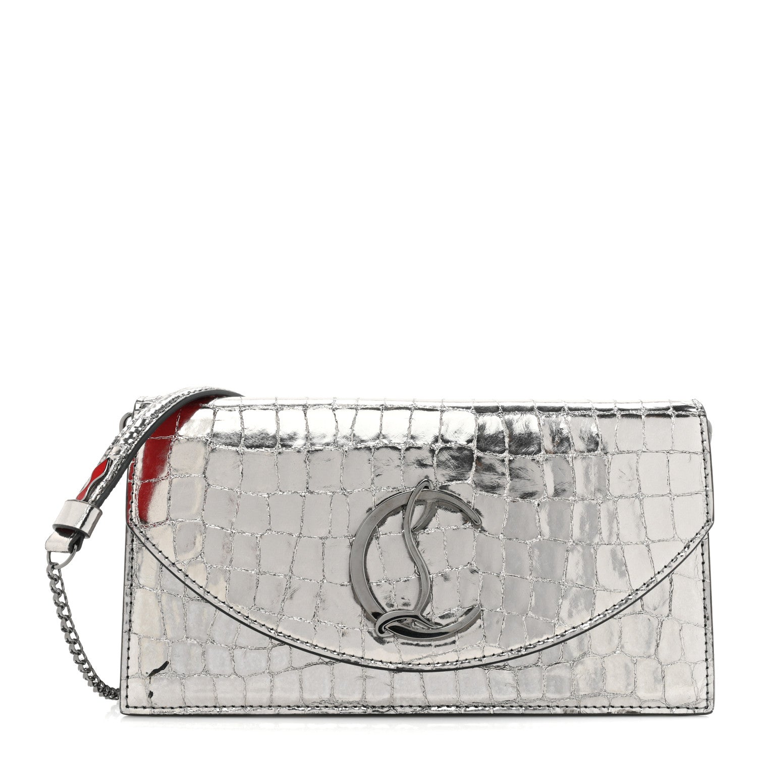 Christian Louboutin Metallic Embossed Crocodile Loubi54 Crossbody Clutch Silver 1 of 13